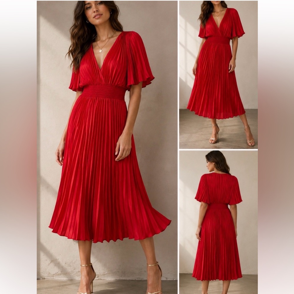 Express Red Pleated V-Neck Midi Dress with Smocked Waist